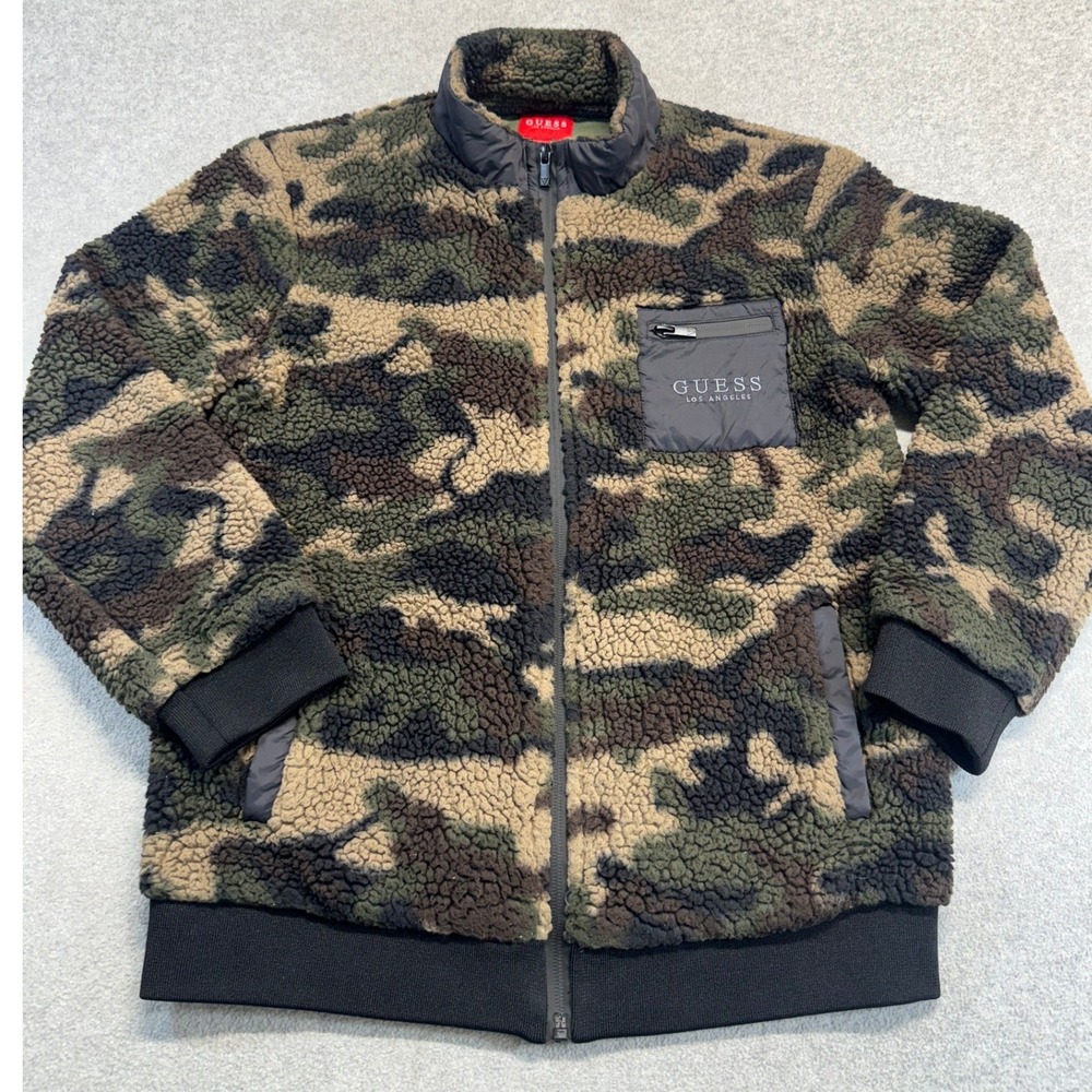 Guess Sherpa Jacket Kids Size 12 Green Camo Full Zip‎ Fleece Mock Neck Utility